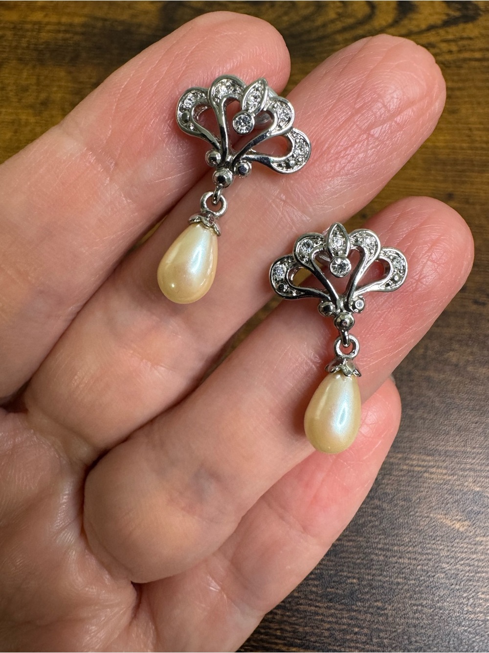 Monet Silver-Tone Filigree Earrings with Cream Pearl Drops